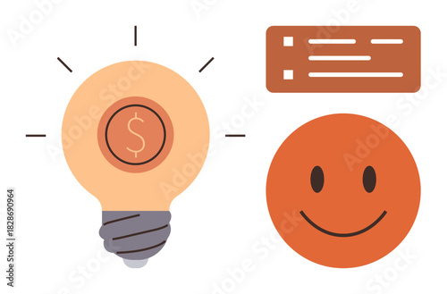 Lightbulb with dollar coin inside, smiling face, and checklist evoke innovation, positive concepts, and financial aspirations. Ideal for business, creativity, productivity, success entrepreneurship