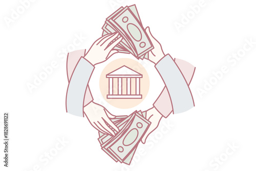 People holding dollar banknotes making financial operations through bank. Hands with money bills transfer or transaction. Economy concept. Vector illustration.