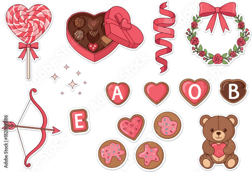 Valentine's Day Stickers Heart, Candy, and Cute Teddy Bear Icons