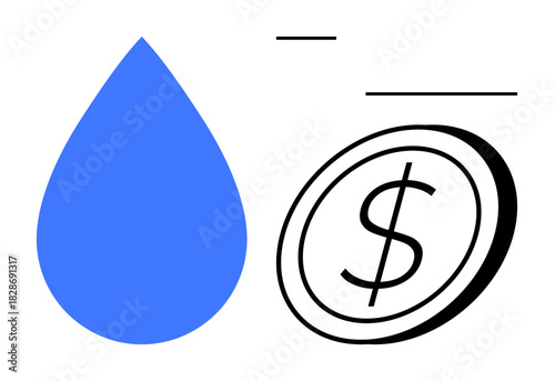 Blue water droplet beside a coin with a dollar sign, representing resource value, sustainability, water management, economics, finance, conservation, and investment opportunities. Ideal for clean