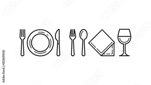 Minimalist dining icon set simple line art of cutlery and tableware vector illustration isolated on white background