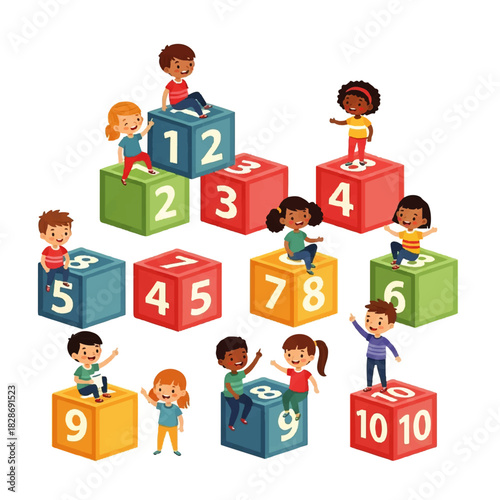 Children playing with colorful numbered blocks in a playful stacking scene.