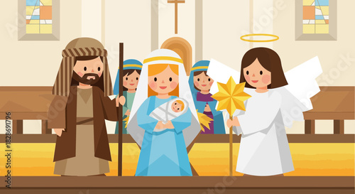 Festive cartoon depiction of the nativity scene with Mary Joseph and baby Jesus along with an angel