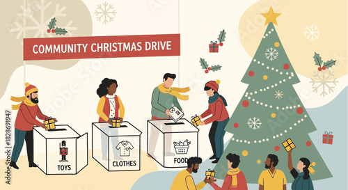 Festive community spirit shown through animated Christmas charity donation drive event illustration