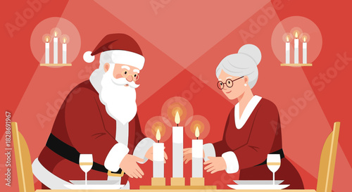 Festive evening with Santa and Mrs Claus lighting candles, celebrating the holiday season together