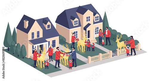 Festive families decorating homes with glowing reindeer lights in a cheerful neighborhood