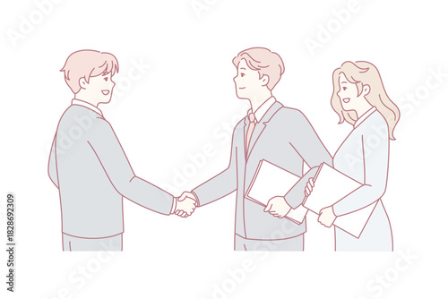 business handshake between three partners closing deal, formal meeting with folders and confident smiles,