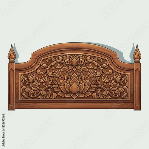 Elaborate ornamental floral carving on a rich, detailed wood headboard