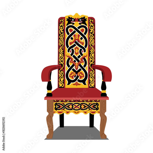 Elaborate ornate throne chair with intricate carvings and bold colors