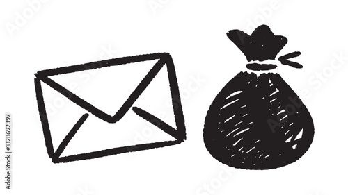 Hand drawn envelope and money bag simple doodle vector illustration for finance and communication concepts isolated on white backgroun