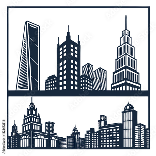 Silhouette of modern and classic city skylines in two horizontal panels Keywords: city, skyline, silhouette, urban, architecture, buildings