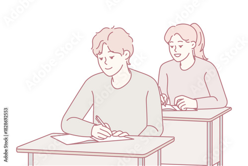 Students focused on exam papers at desks, pens moving and concentrated expressions, quiet academic atmosphere filled with tension and dedication, scene suitable for education, testing, and study