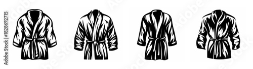 Collection of four detailed monochrome illustrations of luxurious belted silk robes with wide lapels and cuffed sleeves.