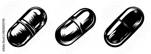 Three black capsules isolated on a showing medical dosage and pharmaceutical treatments