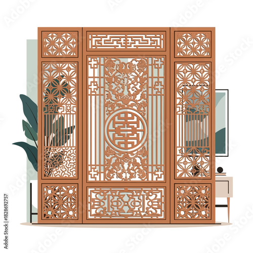 Intricate wooden screen with elegant patterns evokes cultural sophistication