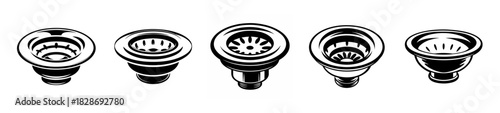 Collection of five different sink strainers and drains for kitchen and bathroom plumbing fixtures