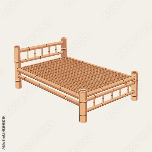 Isometric vector illustration of a bamboo bed, handcrafted furniture piece