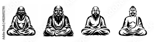 Four ancient sages meditating in lotus pose traditional art depicting wisdom serenity and spiritual enlightenment