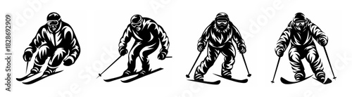 Dynamic skiing action freeze frames showcases skier poses and equipment in stark monochrome detail