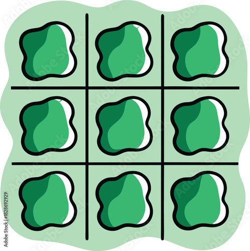 Tic tac toe game board with green blob shapes on a light green background Keywords: tic tac toe, game, board game, strategy, competition, play
