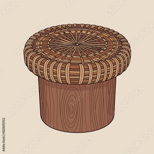 Rustic wooden stool with woven top, providing a touch of nature