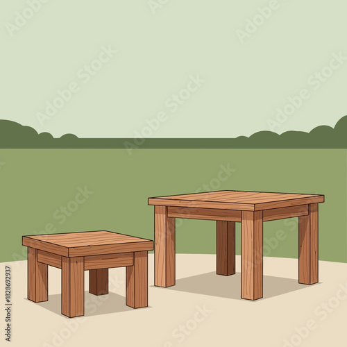 Rustic charm capturing two wooden tables with varying sizes in nature backdrop