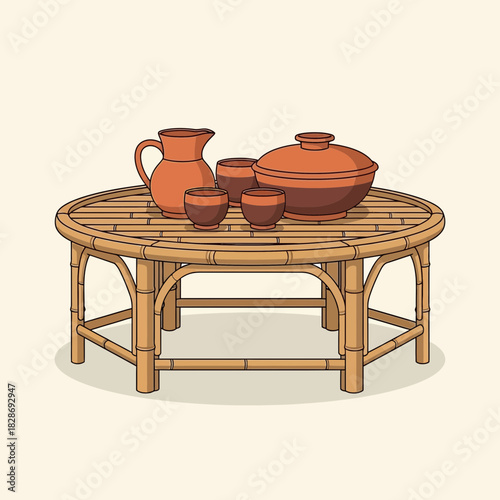Still Life Illustration of Ceramic Pitcher, Bowl, and Cups on Bamboo Table