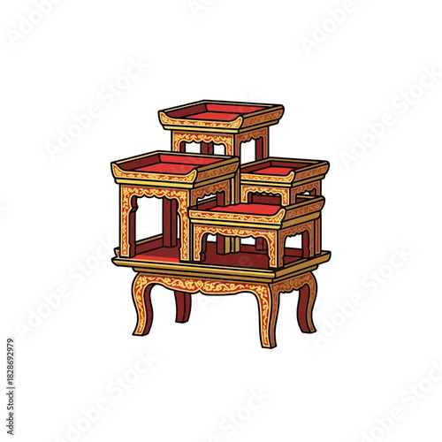 Traditional tiered altar table with intricate patterns for asian rituals