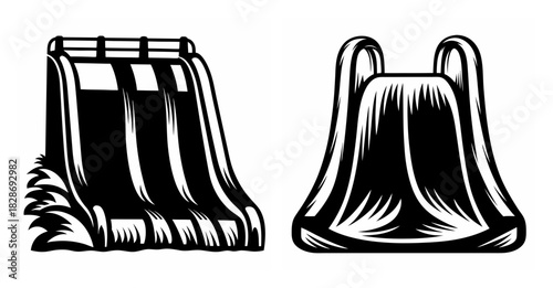 Two black and white cartoon style ski slopes side by side for winter sports fun