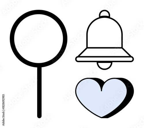 Magnifying glass, notification bell, and heart icon representing search, alerts, and favorites. Ideal for apps, websites, notifications preferences communication engagement services. Simple flat