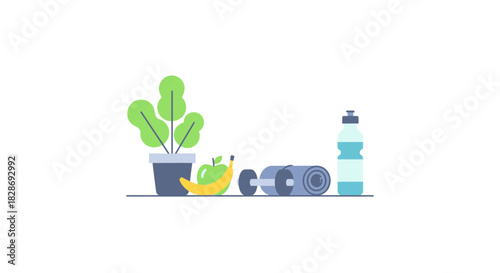 Healthy lifestyle essentials featuring plant, banana, apple, weights, yoga mat and water bottle, promoting fitness and wellbeing for a balanced routine