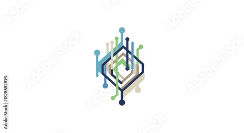 Modern technology network hub with interconnected nodes for data transmission and digital connection, ideal for tech startups and innovation concepts
