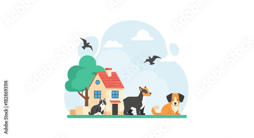 Charming home scene featuring playful dogs, birds soaring, and a cozy house, perfect for illustrating family, pets, and neighborhood warmth in vector style