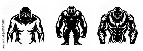 Three powerful bigfoot creature designs showing muscular humanoid figures in a striking artistic style
