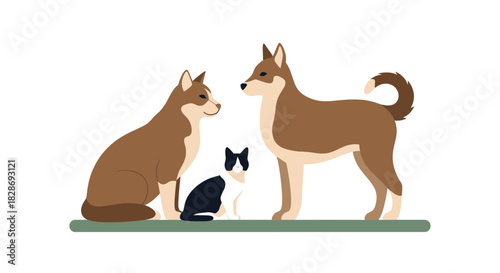 Charming flat illustration of two dogs and a cat, a perfect pet family portrait for heartwarming projects and designs showcasing animal companionship