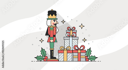 Festive nutcracker illustration with presents and holly conveying holiday cheer