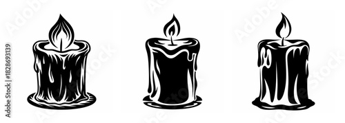 Three spooky dripping candles with flames burning brightly on a plain background