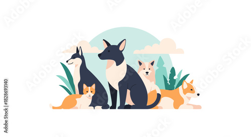 Illustrative family of dogs and cat posing together in a serene landscape, perfect for pet-related designs and heartwarming projects with domestic animals