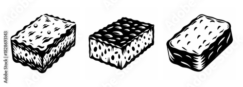 Three detailed sketch drawings of rectangular sponges showing porous texture and different patterns