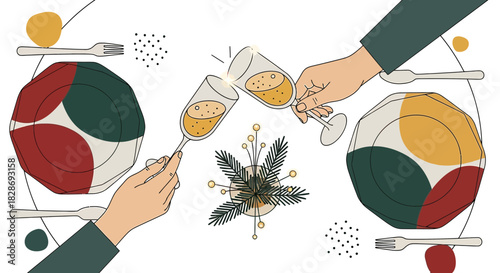 Festive occasion illustration of a celebratory toast with wine glasses and seasonal dinner plates