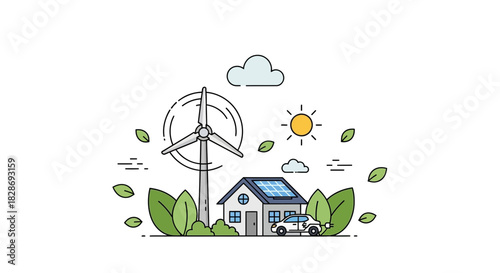 Sustainable living with wind turbine, solar panels, and electric car brings a bright future, showcasing eco friendly home and renewable energy solutions