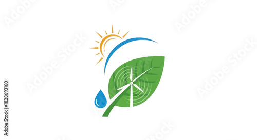 Embrace clean energy with this vibrant logo design featuring a leaf, water droplet, sun, and wind turbine, perfect for sustainable business branding and promotion