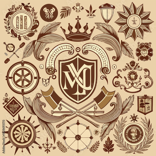 Vintage heraldic crests emblems and decorative elements in sepia tones vector illustration
