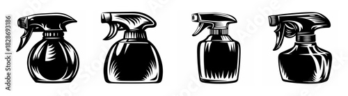 Four artistic renderings of spray bottles for cleaning household and garden tasks
