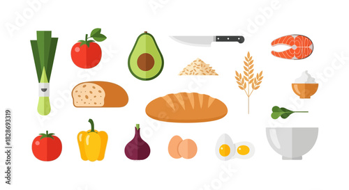 Fresh, delicious food ingredients ready for a healthy meal, featuring vibrant vegetables, wholesome bread, rich salmon, creamy avocado, and protein-packed eggs