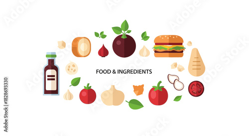 Healthy food ingredients, perfect for culinary designs, recipe blogs, or healthy eating promotions, showing a variety of burger ingredients and condiments