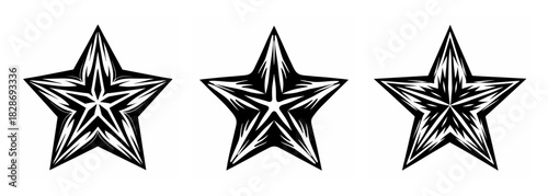 Three hand-drawn five-pointed stars with textured shaded details and grunge artistic style