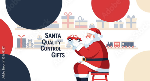 Festive Santa Inspecting a Toy Car Surrounded by Christmas Gifts on Shelves illustration