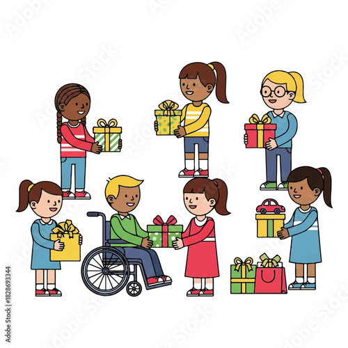 Group of diverse children exchanging gifts in a cheerful celebration scene.