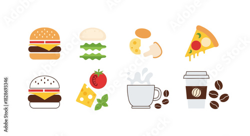 Delicious food icons featuring burger, pizza, coffee, and salad, a modern and inviting set for restaurant menus and culinary designs, originally from a scalable vector